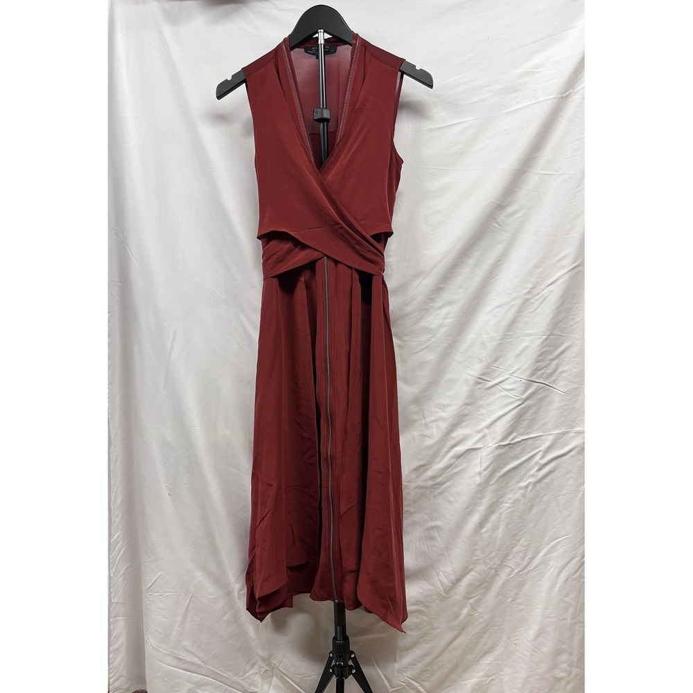 AllSaints Jayda‎ Rust 100% Silk Sleeveless Zip Front Midi Contemporary Dress 00